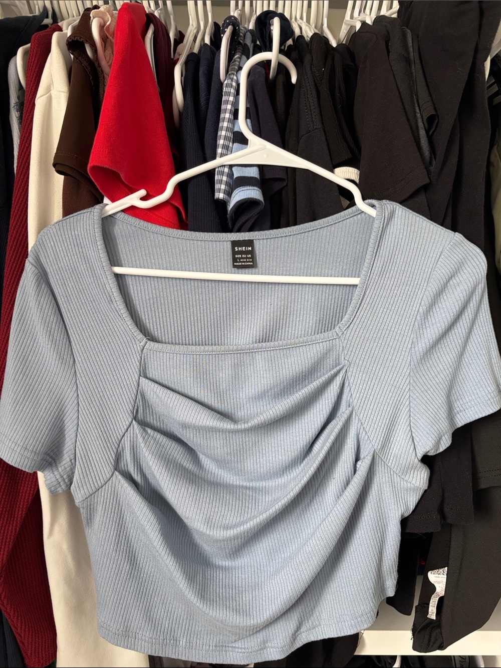 SHEIN Pale Blue Ribbed Square Neck Ruched Crop Tee